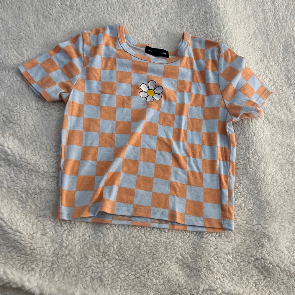 Orange and Light Blue Checkered Crop Top With Daisy